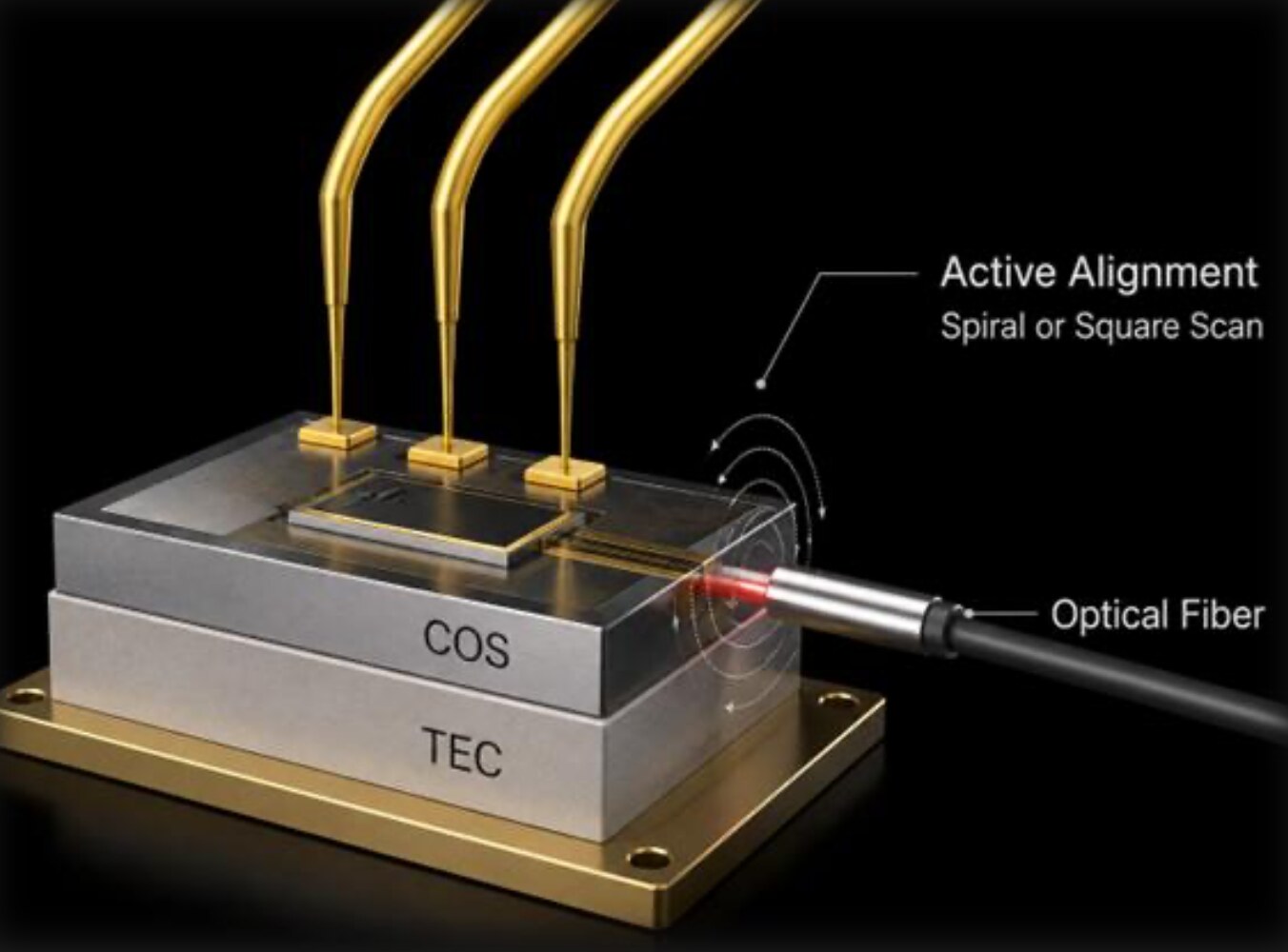 Diagram of active optical-fiber alignment to a laser chip-on-submount on a temperature-controlled stage
