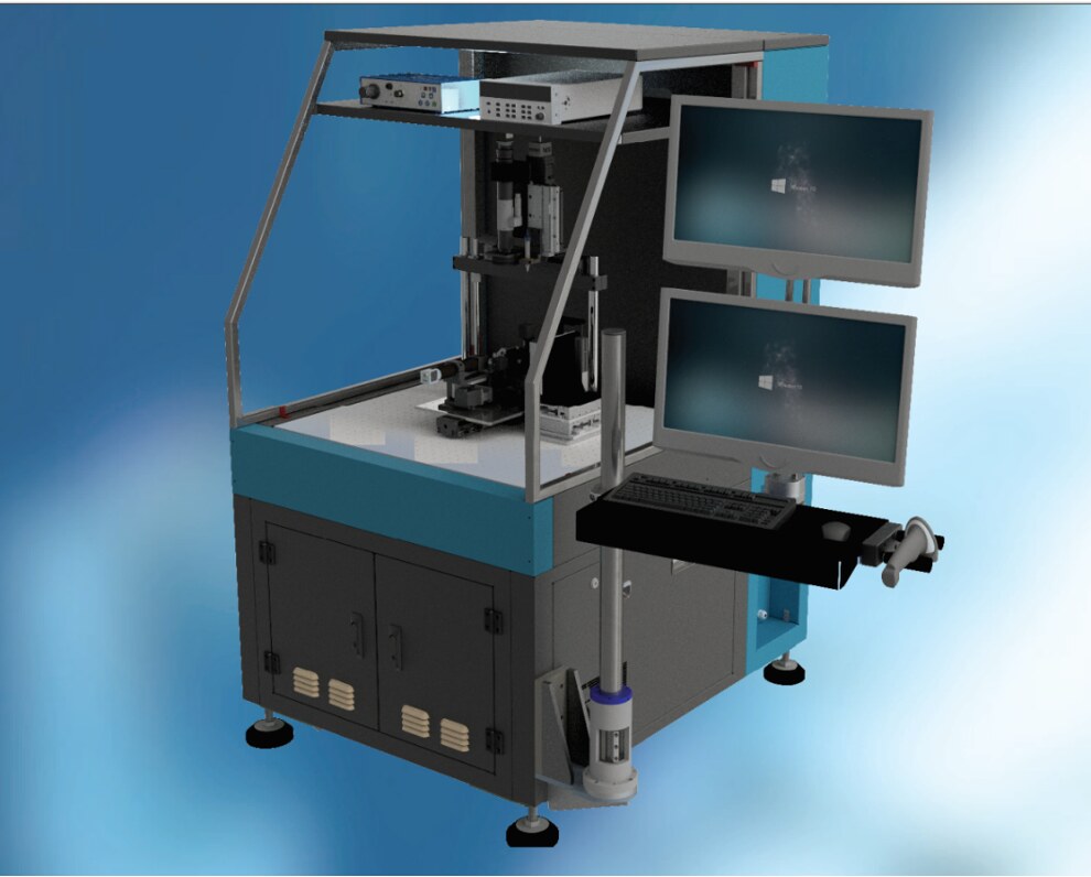 Laser die optical test station with automated motion, optics and dual monitors