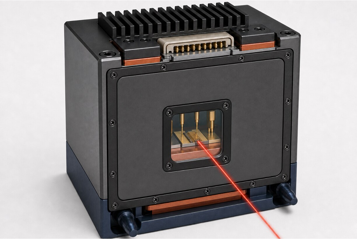 Enclosed laser die test fixture with electrical probes and optical path